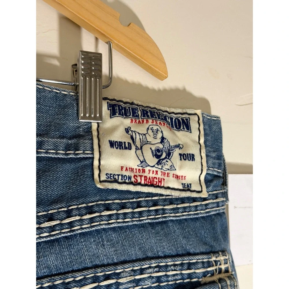 Y2K True Religion Jeans Straight Leg Contrast Stitch Blue Size 40